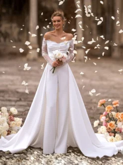 Combinaison de mariée Robe de mariée 2 Pièces Cou original Tissu de satin détail zip Robes de mariée