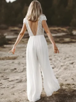 Combinaison de mariée tenue de mariage ivoire haut en dentelle col v dos nu