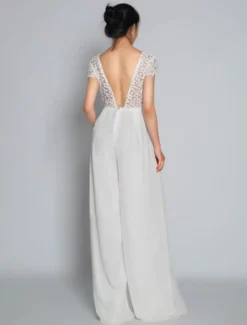 Combinaison de mariée tenue de mariage ivoire haut en dentelle col v dos nu