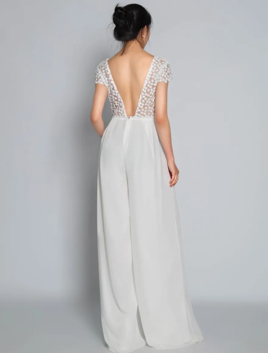 Combinaison de mariée tenue de mariage ivoire haut en dentelle col v dos nu