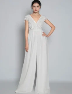 Combinaison de mariée tenue de mariage ivoire haut en dentelle col v dos nu