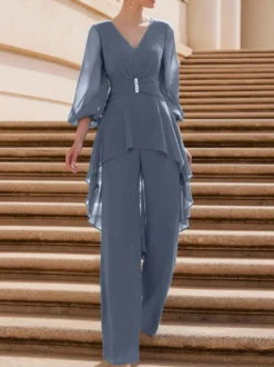 Combinaison de mère de mariée tenue d'invitée de mariage col V manche longue