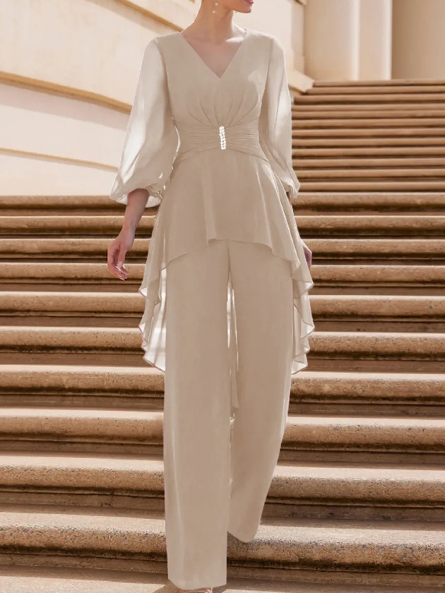 Combinaison de mère de mariée tenue d'invitée de mariage col V manche longue