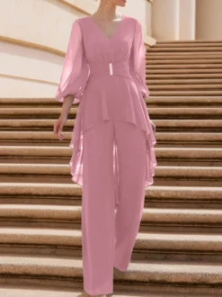 Combinaison de mère de mariée tenue d'invitée de mariage col V manche longue