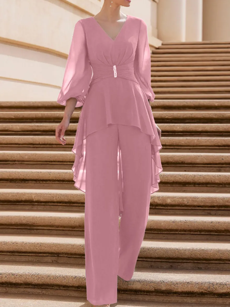 Combinaison de mère de mariée tenue d'invitée de mariage col V manche longue