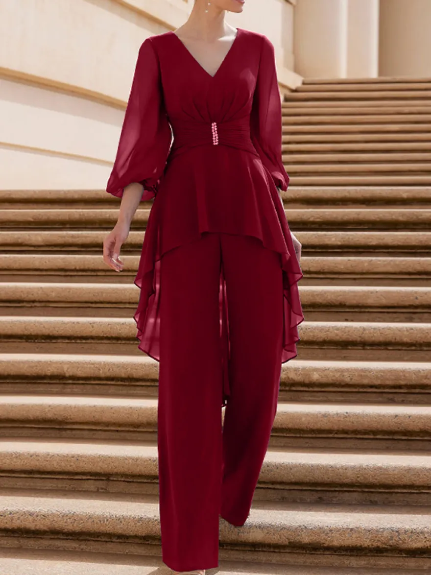 Combinaison de mère de mariée tenue d'invitée de mariage col V manche longue