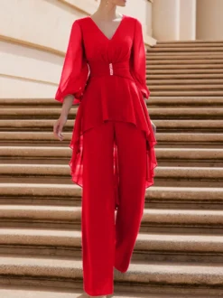 Combinaison de mère de mariée tenue d'invitée de mariage col V manche longue