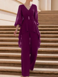 Combinaison de mère de mariée tenue d'invitée de mariage col V manche longue