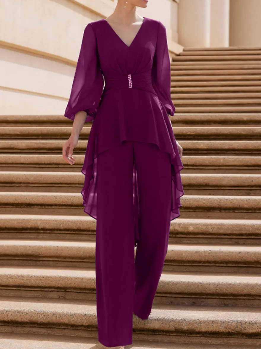 Combinaison de mère de mariée tenue d'invitée de mariage col V manche longue