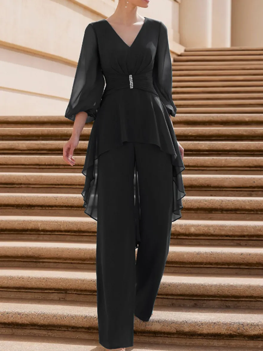 Combinaison de mère de mariée tenue d'invitée de mariage col V manche longue