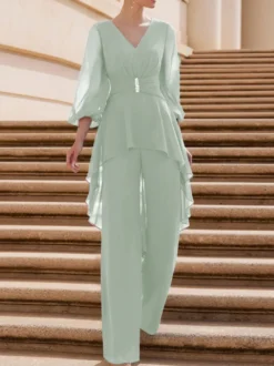 Combinaison de mère de mariée tenue d'invitée de mariage col V manche longue