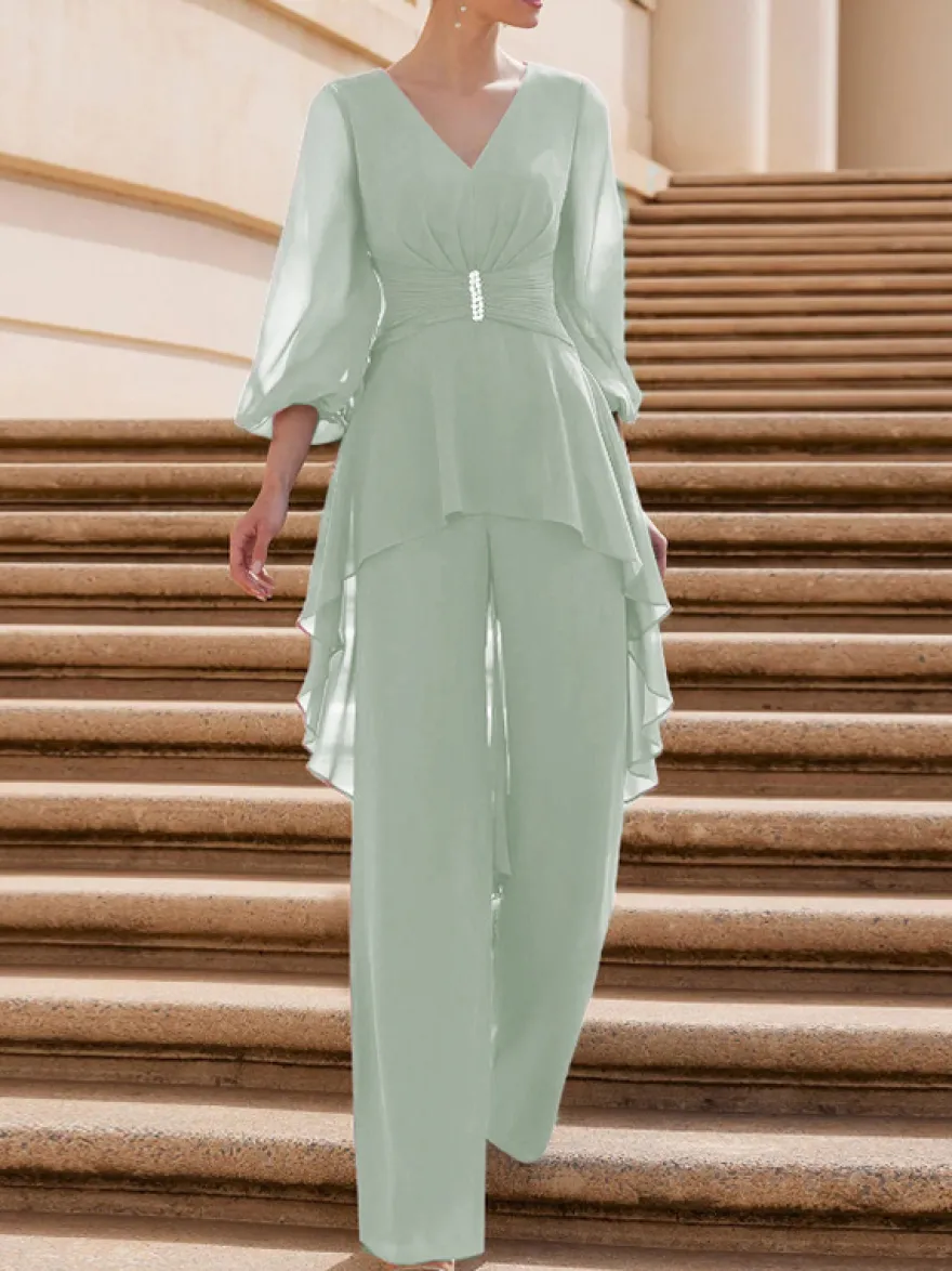 Combinaison de mère de mariée tenue d'invitée de mariage col V manche longue