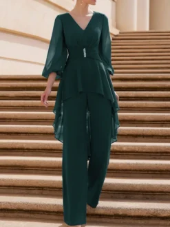Combinaison de mère de mariée tenue d'invitée de mariage col V manche longue