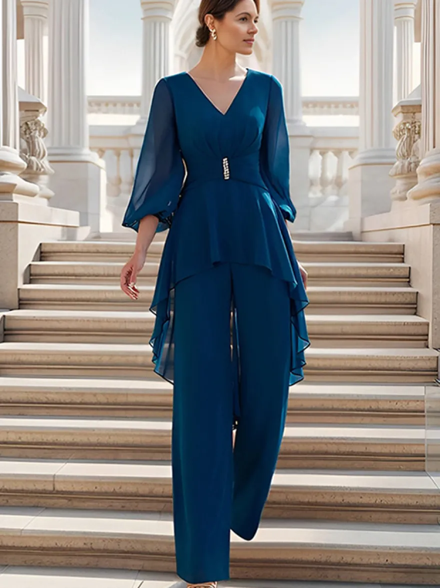 Combinaison de mère de mariée tenue d'invitée de mariage col V manche longue