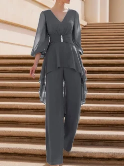 Combinaison de mère de mariée tenue d'invitée de mariage col V manche longue