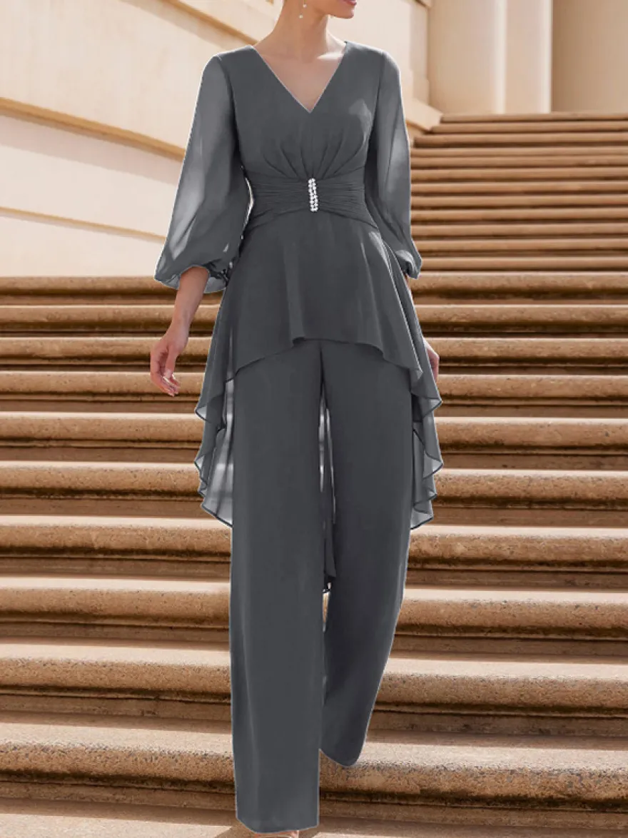 Combinaison de mère de mariée tenue d'invitée de mariage col V manche longue