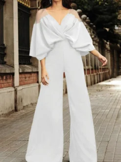 Combinaison de soirée noir col V manche bouffant en stretch crêpe Tenue de soirée femme