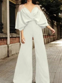 Combinaison de soirée noir col V manche bouffant en stretch crêpe Tenue de soirée femme