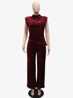 Combinaison de soirée sans manches à col montant et sequins scintillants jambes larges pour femme 2026