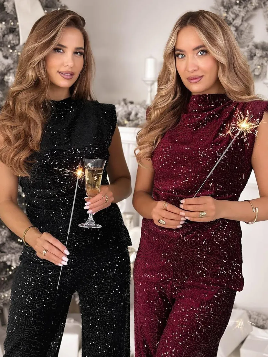 Combinaison de soirée sans manches à col montant et sequins scintillants jambes larges pour femme 2026