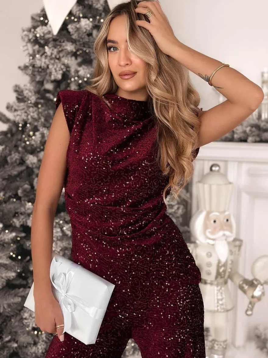 Combinaison de soirée sans manches à col montant et sequins scintillants jambes larges pour femme 2026