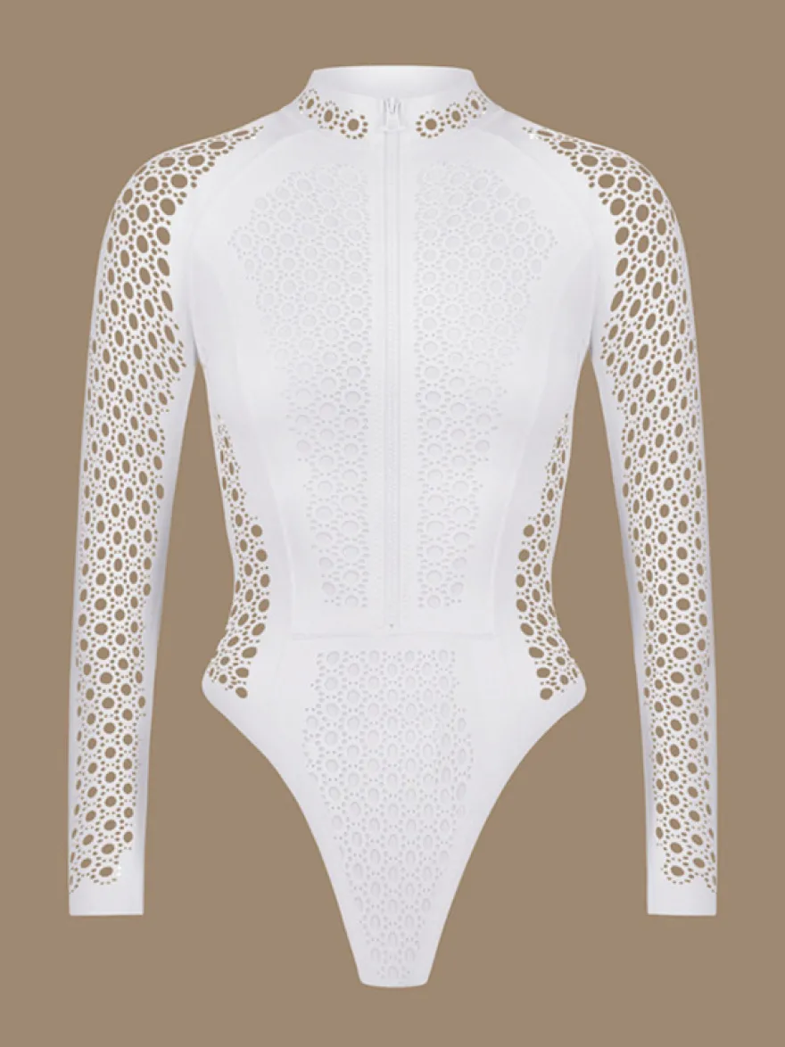Combinaison de surf blanche zippée à manches longues en maille pour l'été 2026