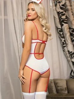 Combinaison d'infirmière pour femme lingerie teddy à bretelles ajourées avec bandeau et bas