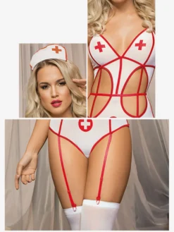 Combinaison d'infirmière pour femme lingerie teddy à bretelles ajourées avec bandeau et bas