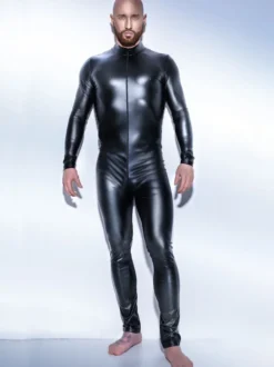 Combinaison en latex brillant pour homme manches longues fermeture éclair pour spectacles sur scène