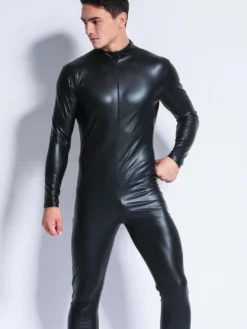 Combinaison en latex brillant pour homme manches longues fermeture éclair pour spectacles sur scène