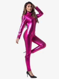 Combinaison intégrale brillante métallisée pour femme manches longues.