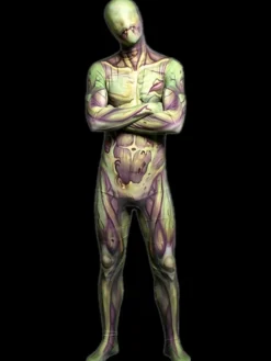 Combinaison intégrale Zentai fluo imprimée en 3D avec effet UV pour Halloween.