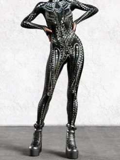 Combinaison moulante cyberpunk Zentai pour femme style Burning Man exosquelette futuriste à manches longues.