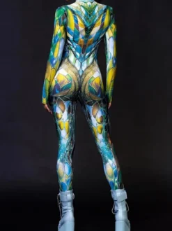Combinaison moulante à manches longues zippée et col montant imprimée vitrail arc-en-ciel avec UV fluorescent style Zentai idéale pour les festivals et raves.