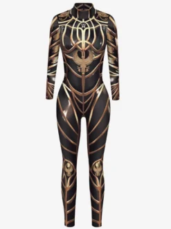 Combinaison moulante métallisée à manches longues style cyberpunk imprimée armure Zentai pour femme.