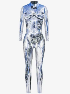 Combinaison moulante métallisée à manches longues style cyberpunk imprimée armure Zentai pour femme.
