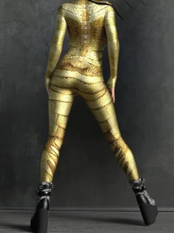 Combinaison moulante sexy cyberpunk pour femme style Zentai manches longues métallisées exosquelette futuriste.
