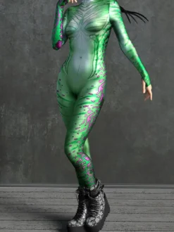Combinaison moulante sexy cyberpunk pour femme style Zentai manches longues métallisées exosquelette futuriste.