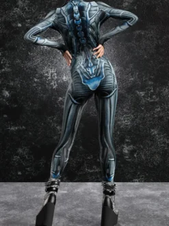 Combinaison moulante Zentai pour femme style cyberpunk futuriste manches longues style catsuit métallique