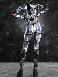 Combinaison moulante Zentai pour femme style cyberpunk futuriste manches longues style catsuit métallique