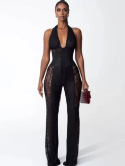 Combinaison-pantalon à col en V profond dos nu corset lacé patchwork de dentelle pour femme 2026