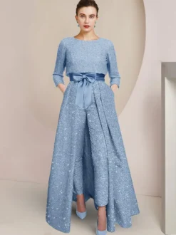Combinaison-robe 3 pièces pour la mère de la mariée col rond manches 3/4 coupe trapèze nœuds robe d'invitée de mariage