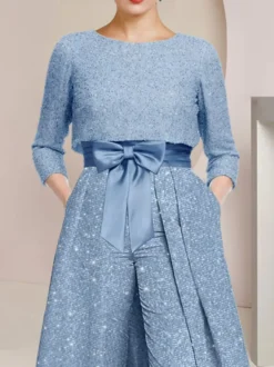 Combinaison-robe 3 pièces pour la mère de la mariée col rond manches 3/4 coupe trapèze nœuds robe d'invitée de mariage