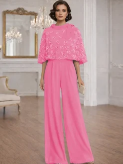 Combinaisons deux pièces pour la mère de la mariée col rond manches courtes nœuds robes d'invitée de mariage
