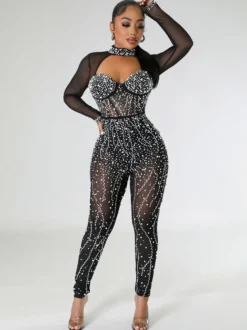 Combinaison séduisante strass transparente manches longues barboteuses skinny