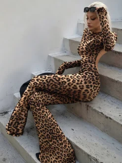 Combinaison sexy dos nu à imprimé léopard pour femme manches longues et jambes évasées