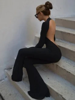 Combinaisons Longs Femme avec Manches Longues avec Dos Nu Unicolore Sexy