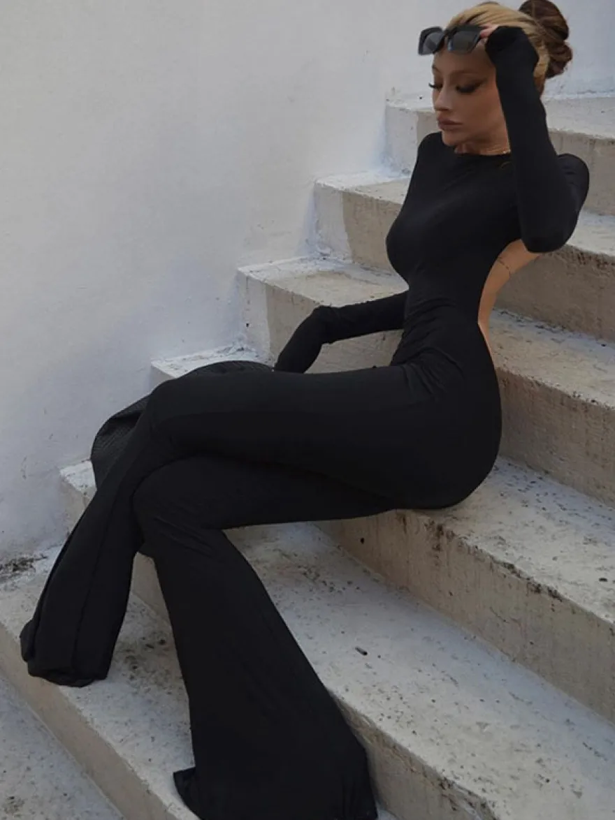 Combinaisons Longs Femme avec Manches Longues avec Dos Nu Unicolore Sexy