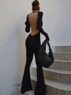Combinaisons Longs Femme avec Manches Longues avec Dos Nu Unicolore Sexy