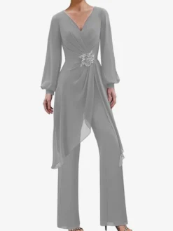 Combinaisons Robe mère de la mariée Col en V Manches longues Appliques Robes d'invité de mariage